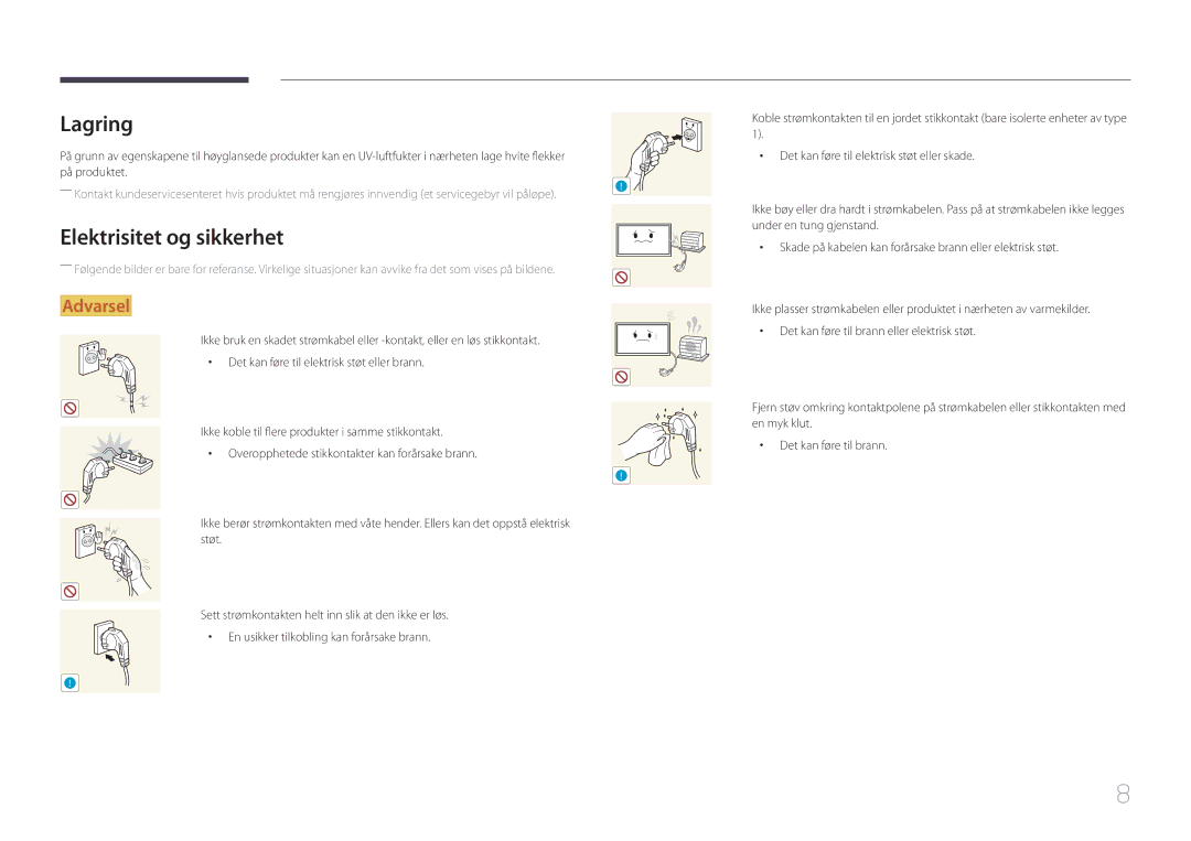 Samsung LH10DBDPLBC/EN manual Lagring, Elektrisitet og sikkerhet 