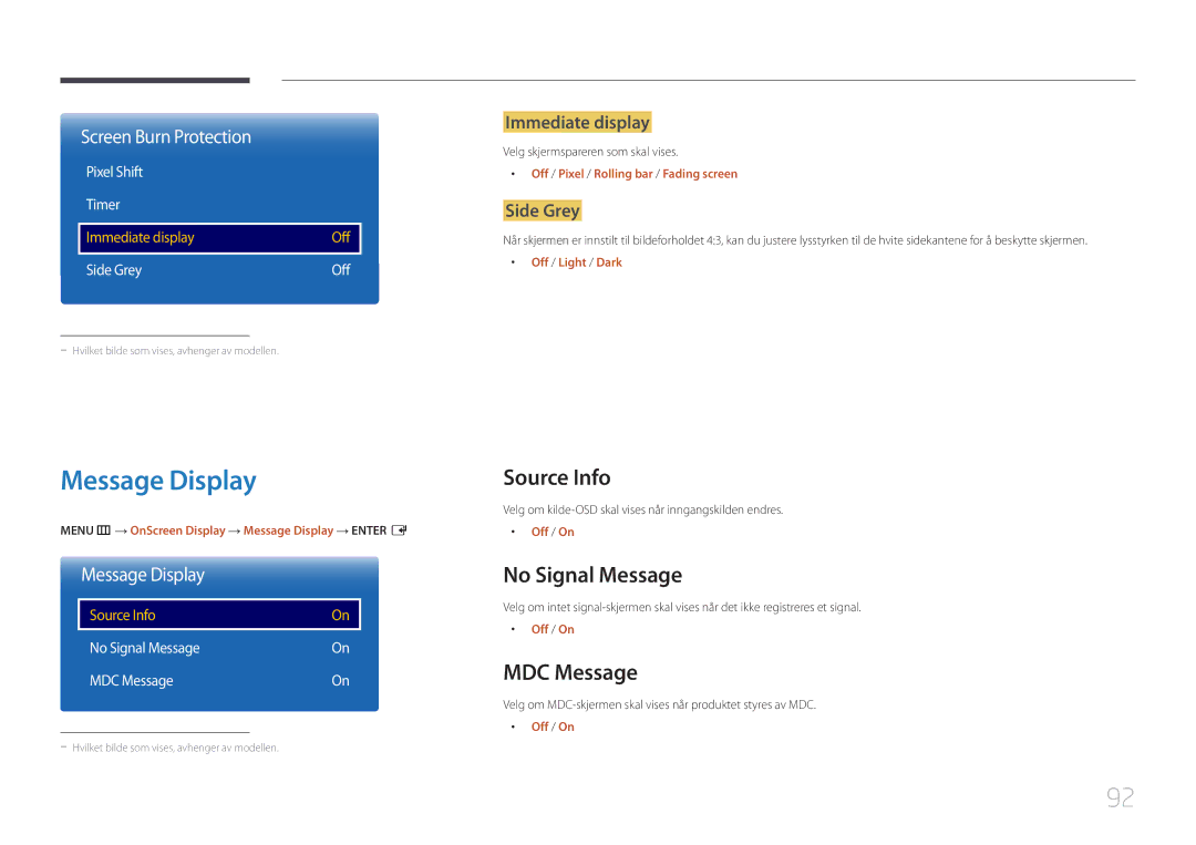 Samsung LH10DBDPLBC/EN manual Message Display, Source Info, No Signal Message, MDC Message 