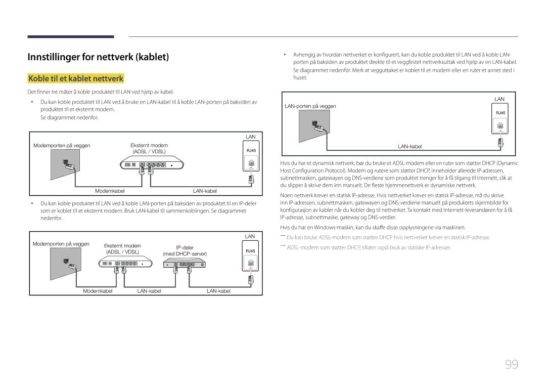 Samsung LH10DBDPLBC/EN manual Innstillinger for nettverk kablet, Koble til et kablet nettverk 