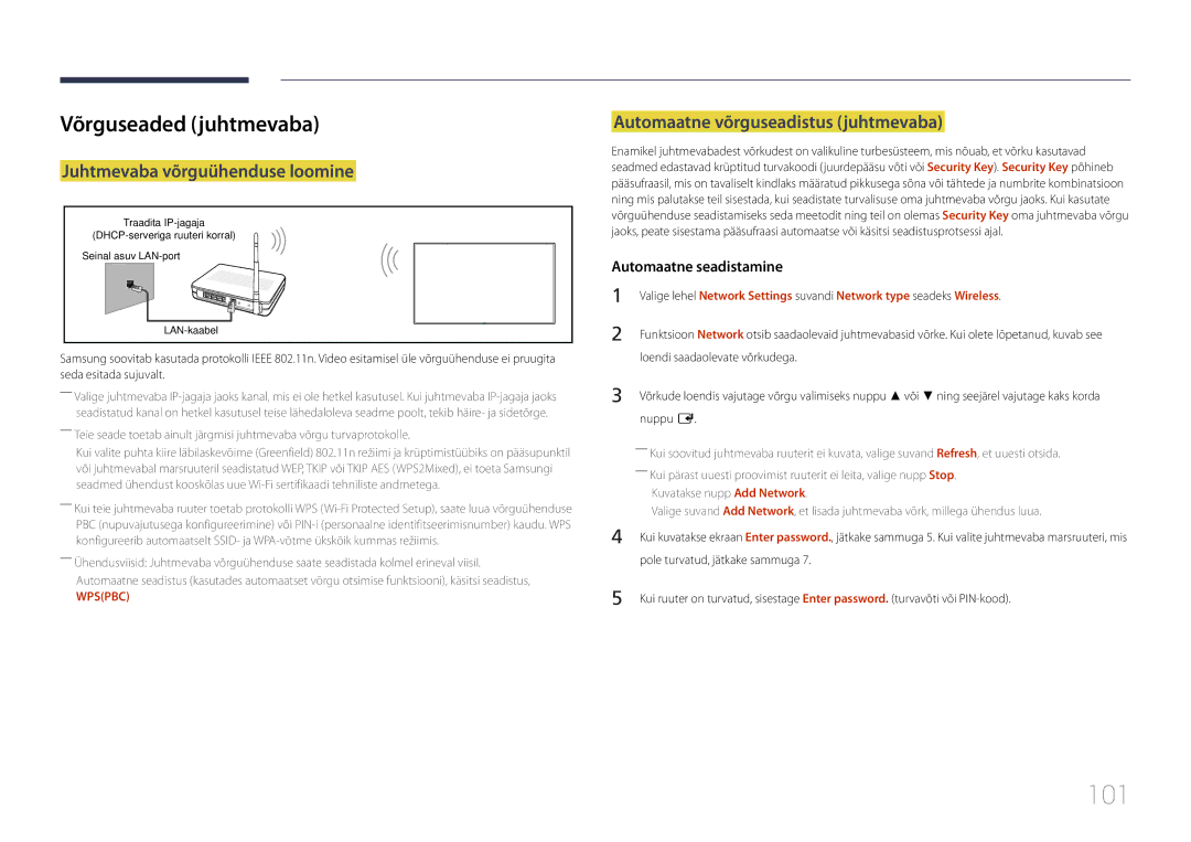 Samsung LH10DBDPLBC/EN 101, Võrguseaded juhtmevaba, Juhtmevaba võrguühenduse loomine, Automaatne võrguseadistus juhtmevaba 