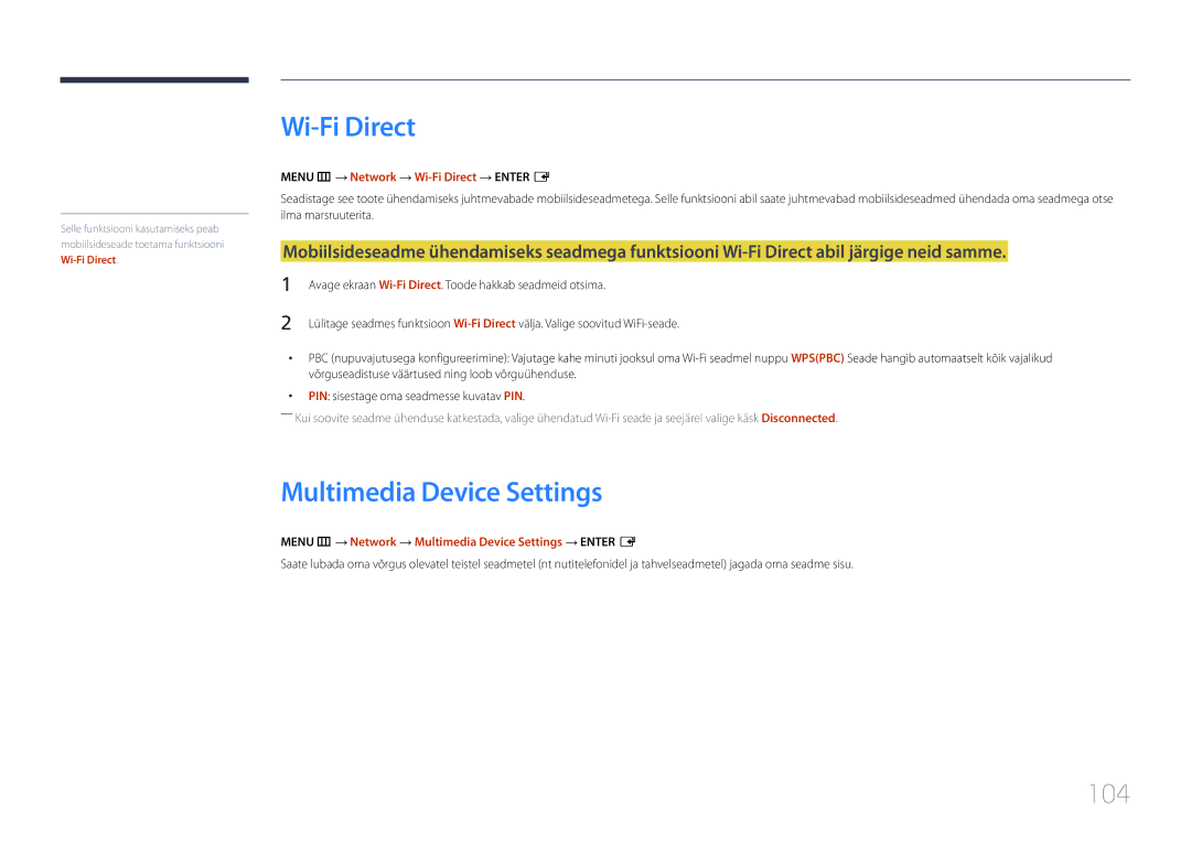 Samsung LH10DBDPLBC/EN manual Multimedia Device Settings, 104, Menu m → Network → Wi-Fi Direct → Enter E 