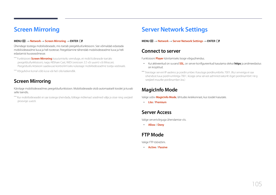 Samsung LH10DBDPLBC/EN manual Screen Mirroring, Server Network Settings, 105 