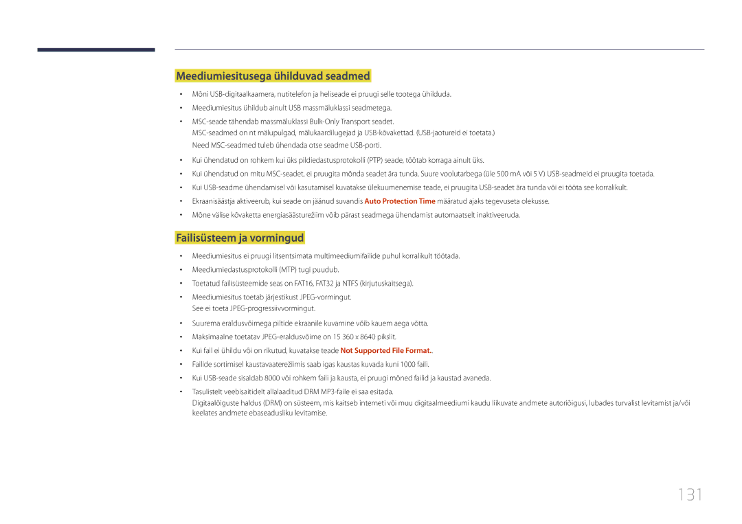 Samsung LH10DBDPLBC/EN manual 131, Meediumiesitusega ühilduvad seadmed, Failisüsteem ja vormingud 