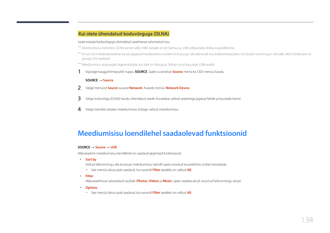 Samsung LH10DBDPLBC/EN manual Meediumisisu loendilehel saadaolevad funktsioonid, 134, Kui olete ühendatud koduvõrguga Dlna 