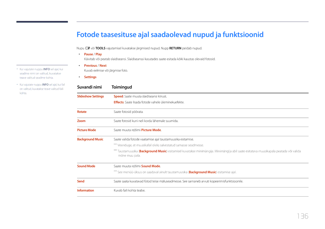 Samsung LH10DBDPLBC/EN manual Fotode taasesituse ajal saadaolevad nupud ja funktsioonid, 136 