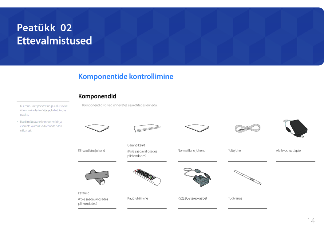 Samsung LH10DBDPLBC/EN manual Ettevalmistused, Komponentide kontrollimine, Komponendid 