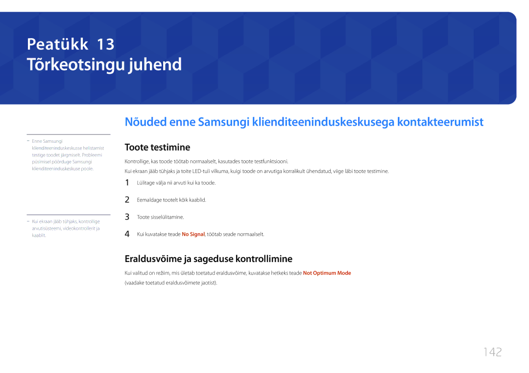 Samsung LH10DBDPLBC/EN manual Tõrkeotsingu juhend, 142, Toote testimine, Eraldusvõime ja sageduse kontrollimine 