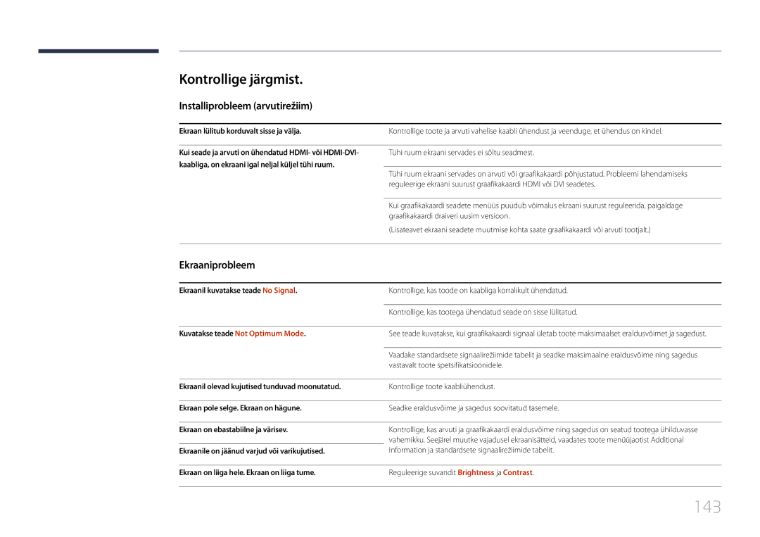 Samsung LH10DBDPLBC/EN manual 143, Kontrollige järgmist, Installiprobleem arvutirežiim, Ekraaniprobleem 