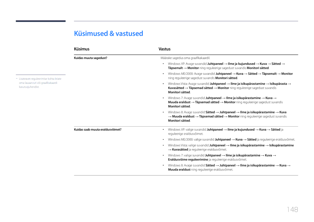 Samsung LH10DBDPLBC/EN manual Küsimused & vastused, 148, Küsimus Vastus, Kuidas muuta sagedust?, Monitori sätted 