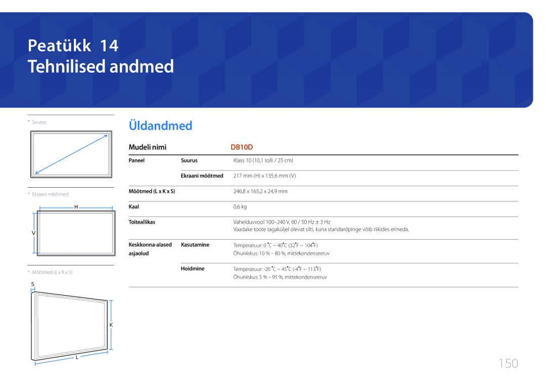 Samsung LH10DBDPLBC/EN manual Tehnilised andmed, Üldandmed, 150 