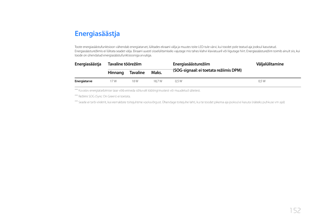 Samsung LH10DBDPLBC/EN manual Energiasäästja, 152, Energiatarve 17 W 18 W 18,7 W 