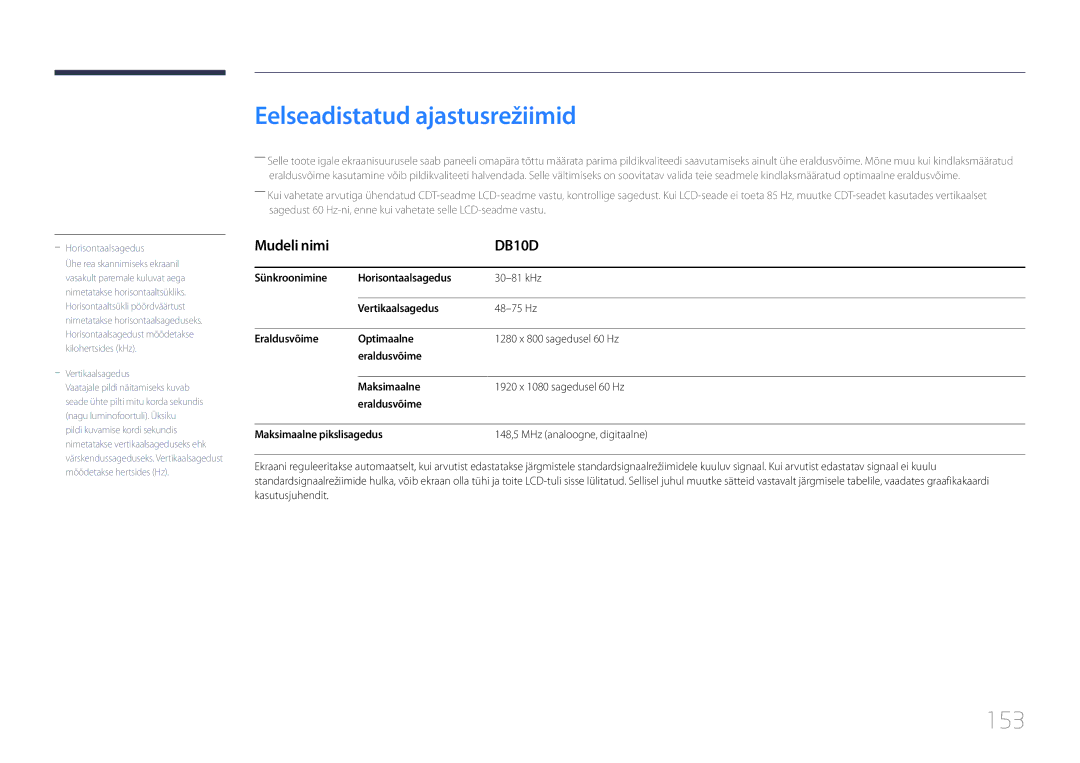 Samsung LH10DBDPLBC/EN manual Eelseadistatud ajastusrežiimid, 153 