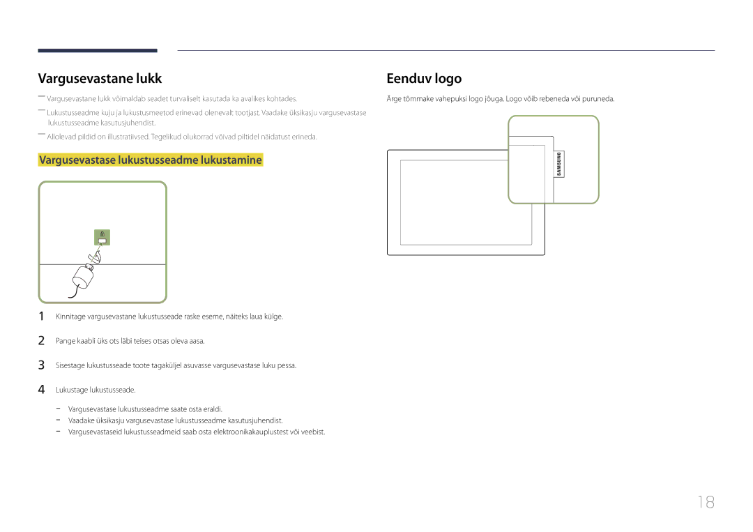 Samsung LH10DBDPLBC/EN manual Vargusevastane lukk, Vargusevastase lukustusseadme lukustamine 