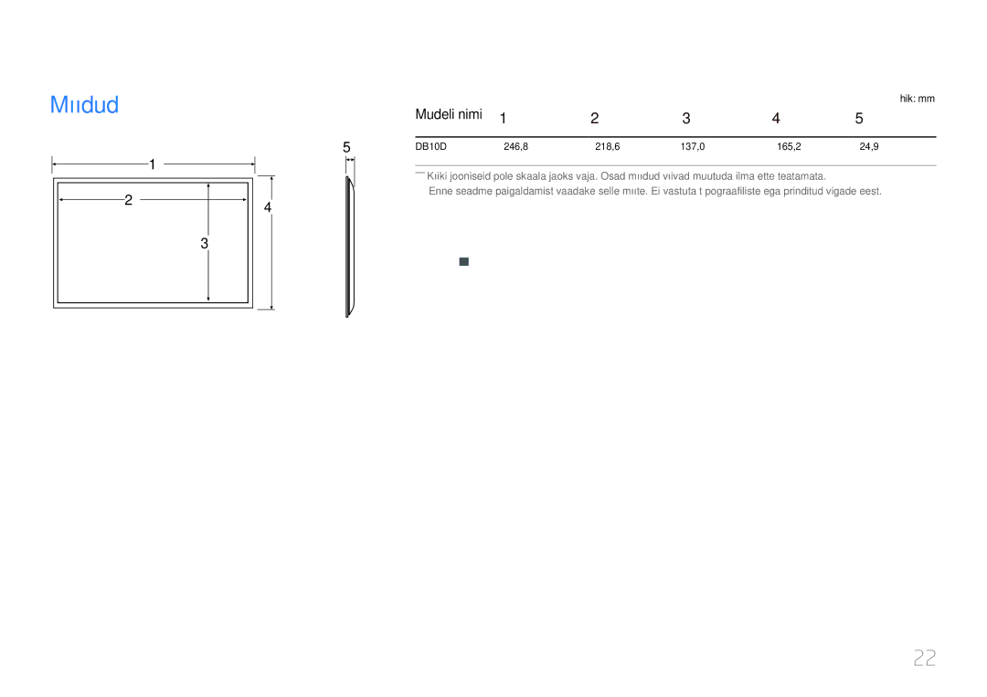 Samsung LH10DBDPLBC/EN manual Mõõdud, Mudeli nimi, Ühik mm 