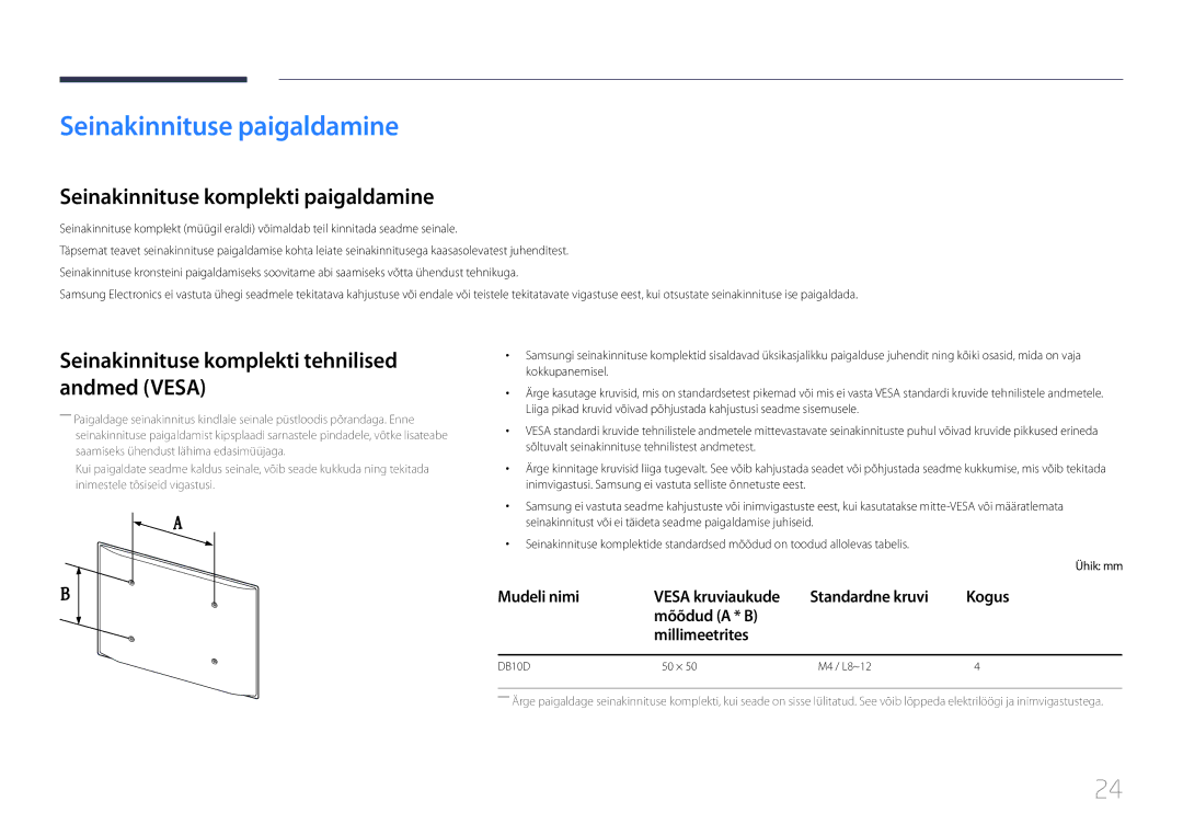 Samsung LH10DBDPLBC/EN manual Seinakinnituse paigaldamine, Seinakinnituse komplekti paigaldamine 