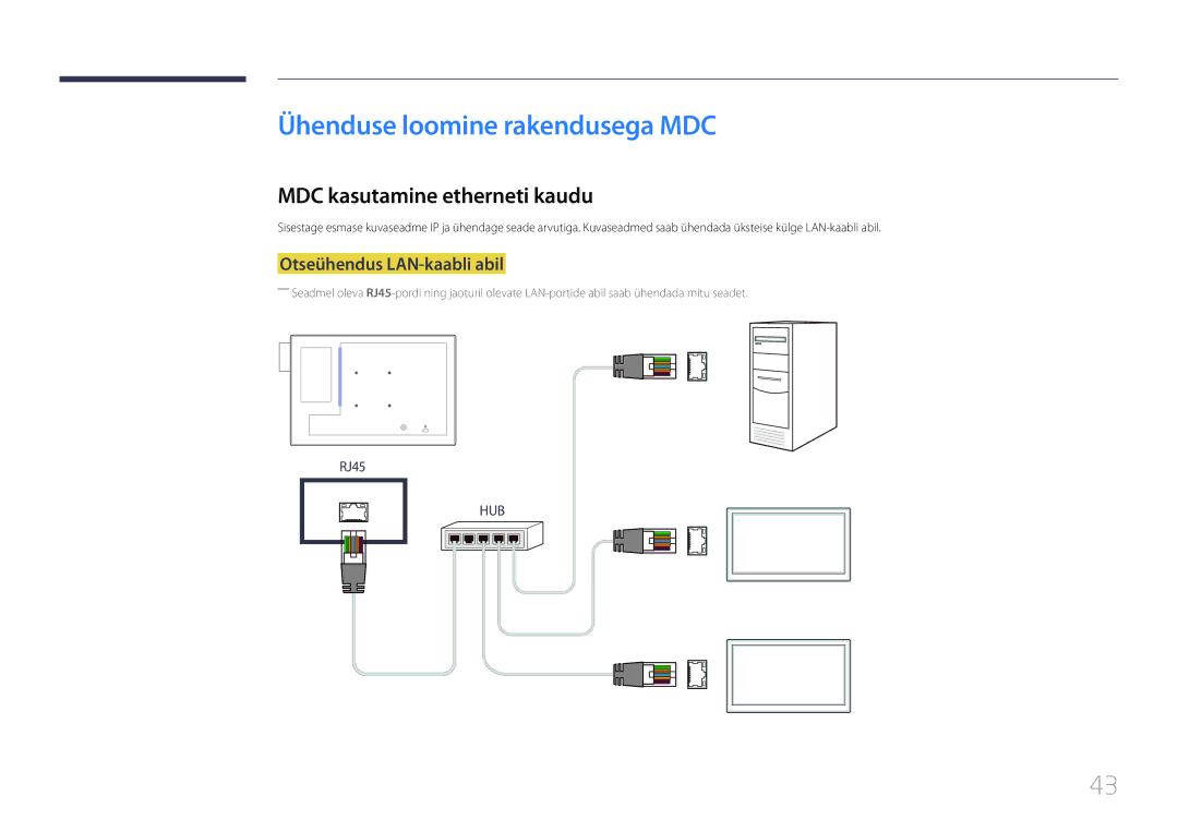 Samsung LH10DBDPLBC/EN manual Ühenduse loomine rakendusega MDC, MDC kasutamine etherneti kaudu, Otseühendus LAN-kaabli abil 