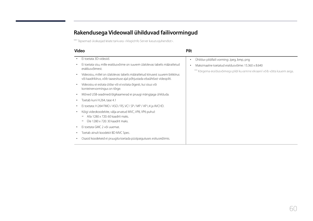 Samsung LH10DBDPLBC/EN manual Rakendusega Videowall ühilduvad failivormingud 