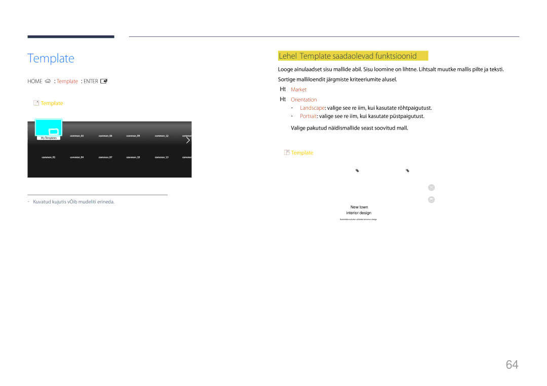 Samsung LH10DBDPLBC/EN manual Lehel Template saadaolevad funktsioonid, Home → Template → Enter E, Market, Orientation 