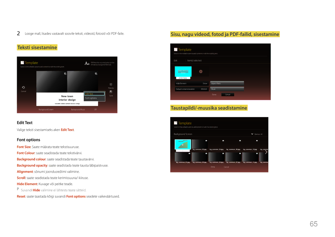 Samsung LH10DBDPLBC/EN Teksti sisestamine, Taustapildi/-muusika seadistamine, Valige teksti sisestamiseks aken Edit Text 