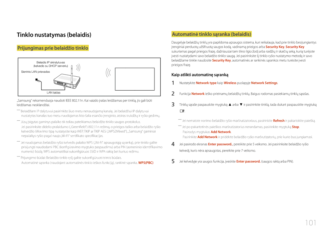 Samsung LH10DBDPLBC/EN manual 101, Tinklo nustatymas belaidis, Prijungimas prie belaidžio tinklo 