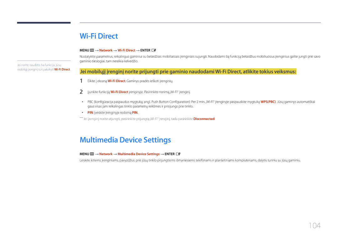 Samsung LH10DBDPLBC/EN manual Multimedia Device Settings, 104, Menu m → Network → Wi-Fi Direct → Enter E 