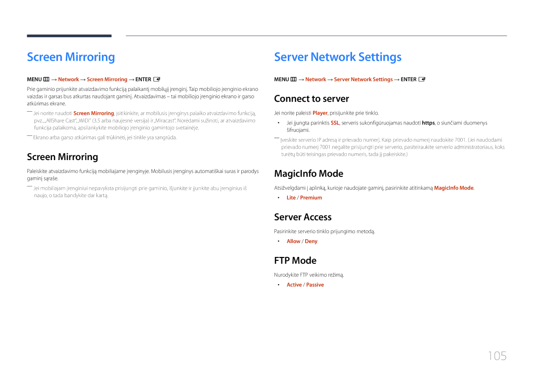 Samsung LH10DBDPLBC/EN manual Screen Mirroring, Server Network Settings, 105 