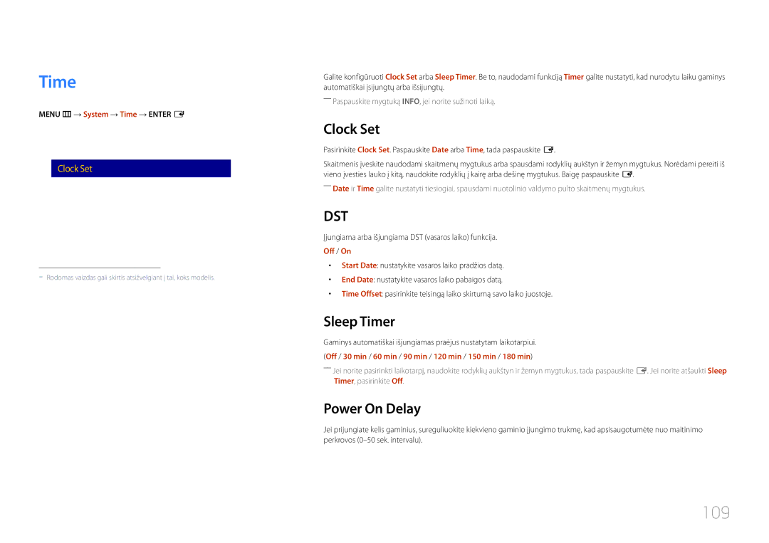 Samsung LH10DBDPLBC/EN manual 109, Clock Set, Sleep Timer, Power On Delay 