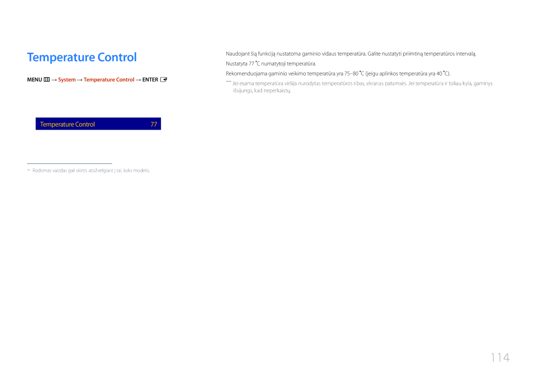 Samsung LH10DBDPLBC/EN manual 114, Menu m → System → Temperature Control → Enter E 