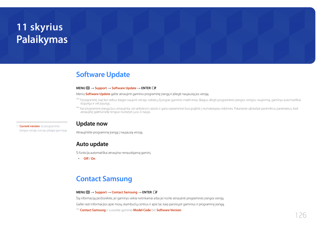 Samsung LH10DBDPLBC/EN manual Software Update, Contact Samsung, 126, Update now, Auto update 