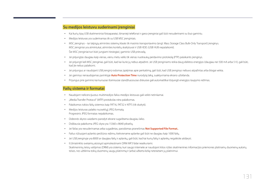 Samsung LH10DBDPLBC/EN manual 131, Su medijos leistuvu suderinami įrenginiai, Failų sistema ir formatai 