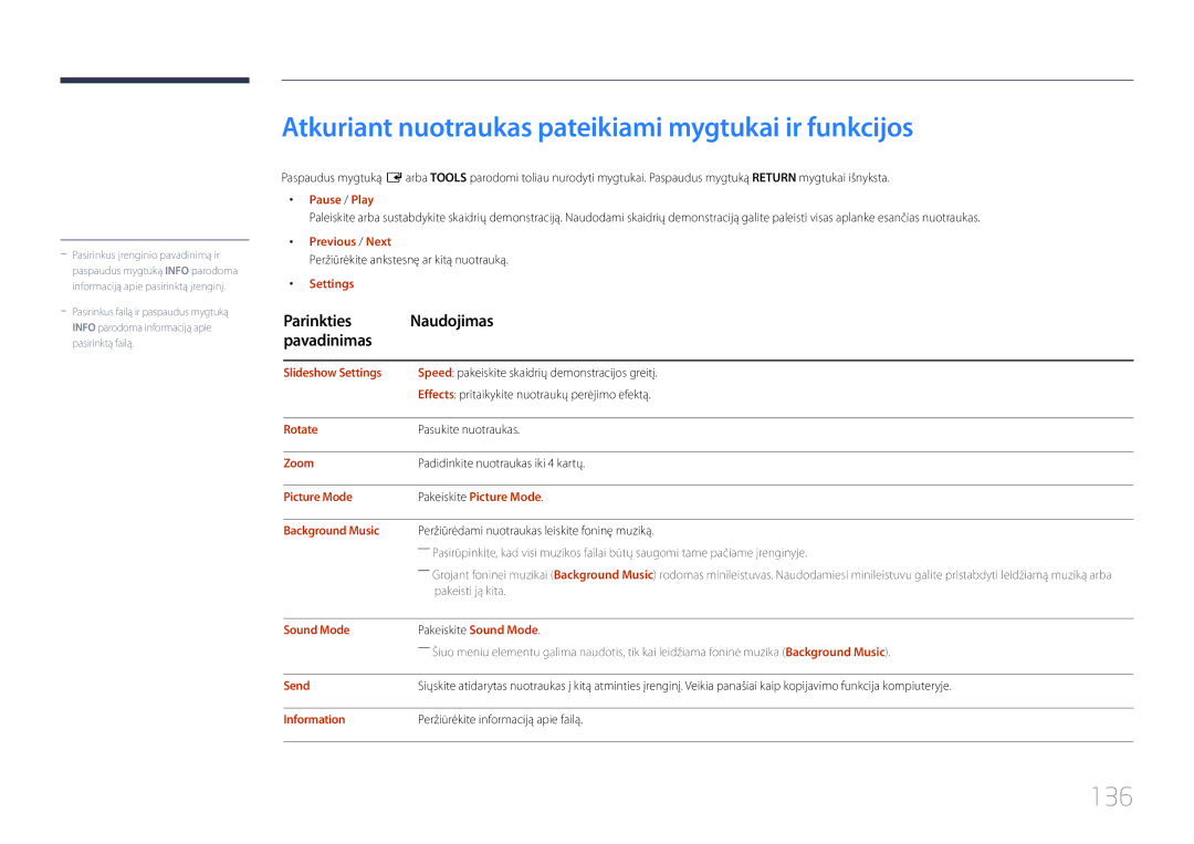 Samsung LH10DBDPLBC/EN manual Atkuriant nuotraukas pateikiami mygtukai ir funkcijos, 136 