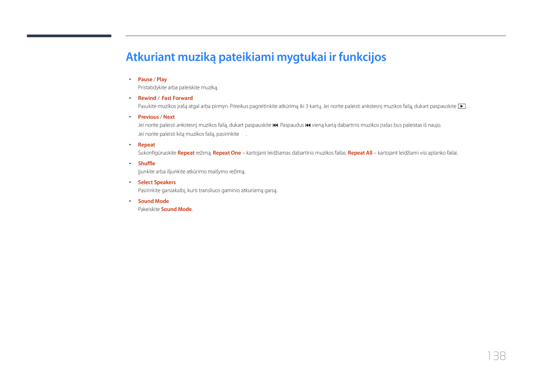 Samsung LH10DBDPLBC/EN manual Atkuriant muziką pateikiami mygtukai ir funkcijos, 138, Shuffle, Select Speakers 