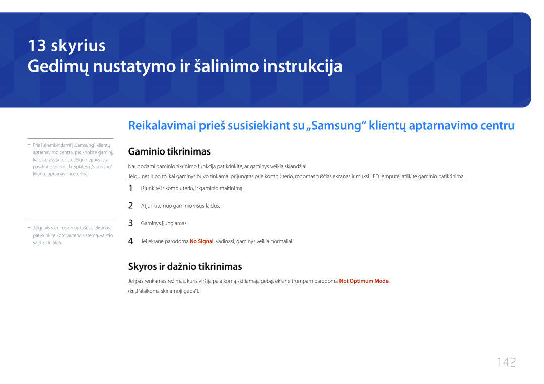 Samsung LH10DBDPLBC/EN Gedimų nustatymo ir šalinimo instrukcija, 142, Gaminio tikrinimas, Skyros ir dažnio tikrinimas 