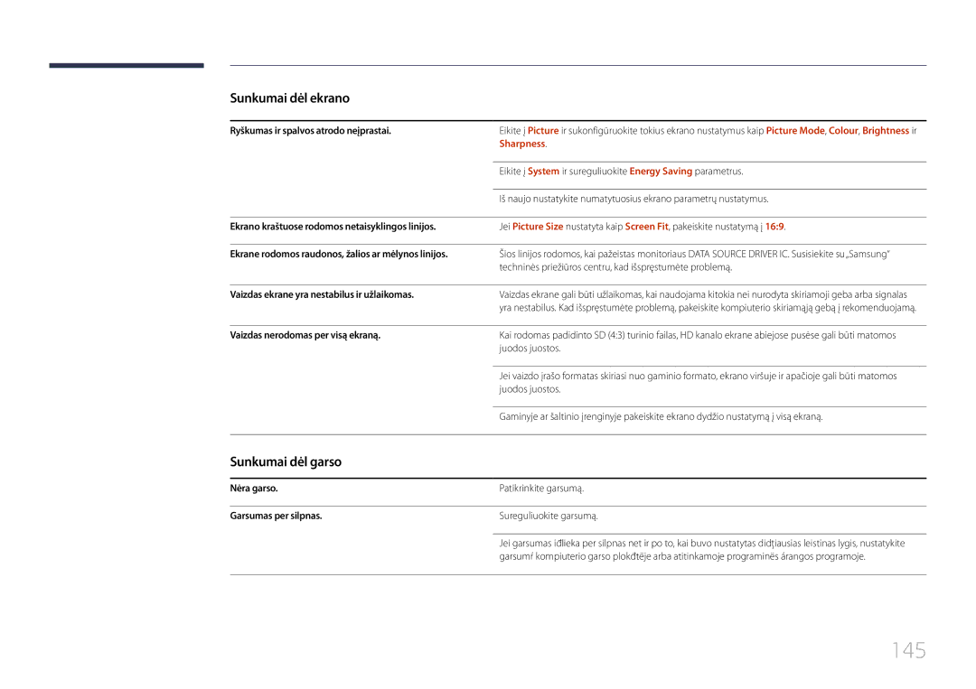 Samsung LH10DBDPLBC/EN manual 145, Sunkumai dėl garso, Sharpness 