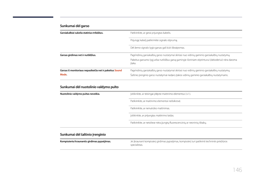 Samsung LH10DBDPLBC/EN manual 146, Sunkumai dėl nuotolinio valdymo pulto, Sunkumai dėl šaltinio įrenginio 