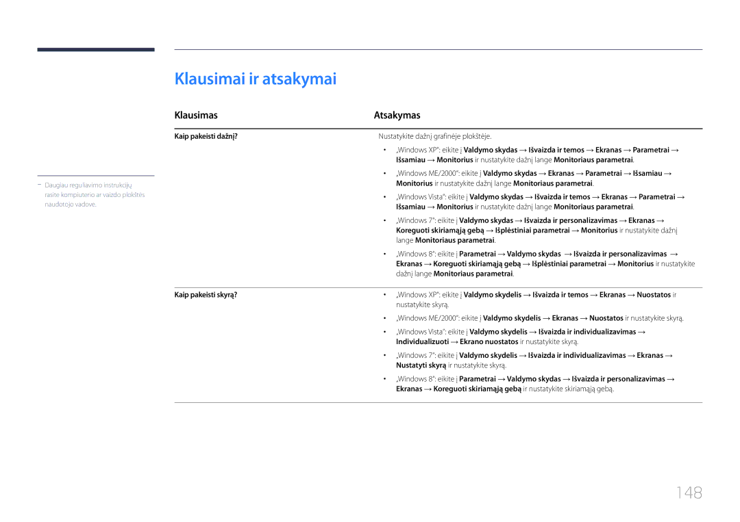 Samsung LH10DBDPLBC/EN manual Klausimai ir atsakymai, 148, Klausimas Atsakymas 