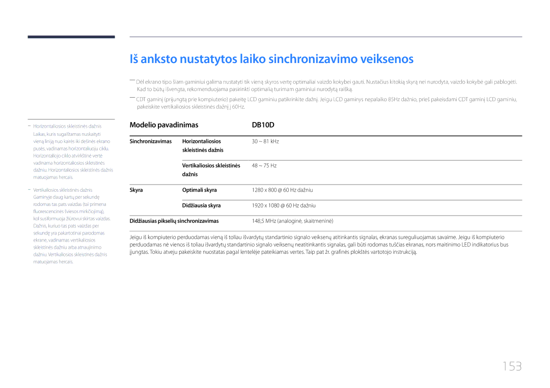 Samsung LH10DBDPLBC/EN manual Iš anksto nustatytos laiko sinchronizavimo veiksenos, 153, ~ 75 Hz 