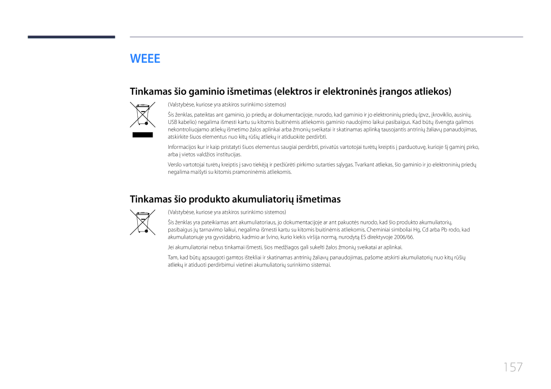 Samsung LH10DBDPLBC/EN manual 157, Tinkamas šio produkto akumuliatorių išmetimas 