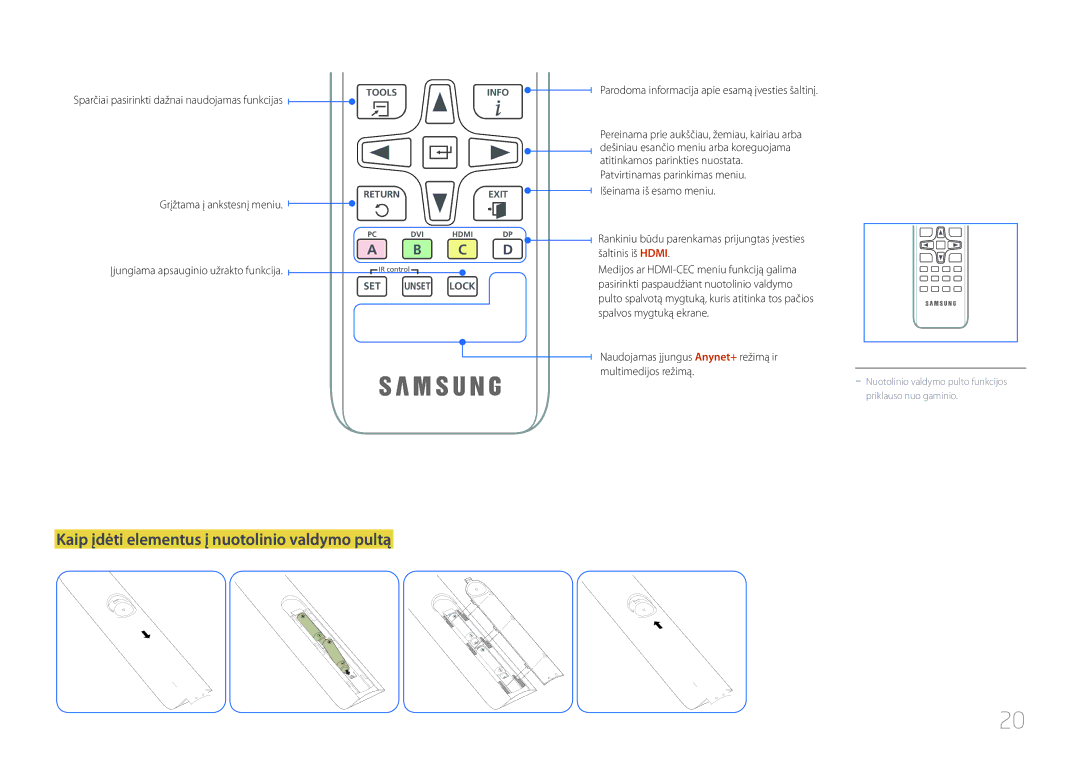 Samsung LH10DBDPLBC/EN Kaip įdėti elementus į nuotolinio valdymo pultą, Sparčiai pasirinkti dažnai naudojamas funkcijas 