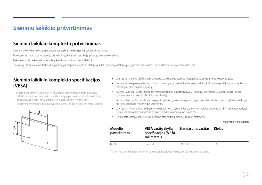 Samsung LH10DBDPLBC/EN manual Sieninio laikiklio pritvirtinimas, Sieninio laikiklio komplekto pritvirtinimas, Milimetrais 