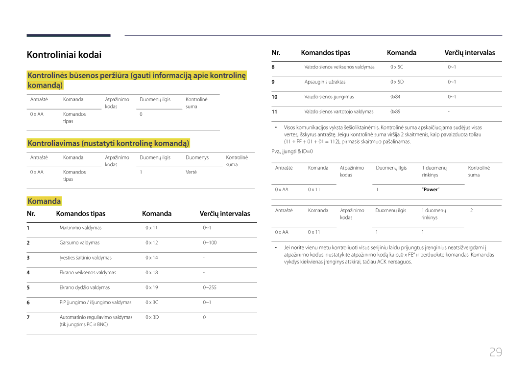 Samsung LH10DBDPLBC/EN manual Kontroliniai kodai, Kontroliavimas nustatyti kontrolinę komandą, Komandos tipas Komanda 