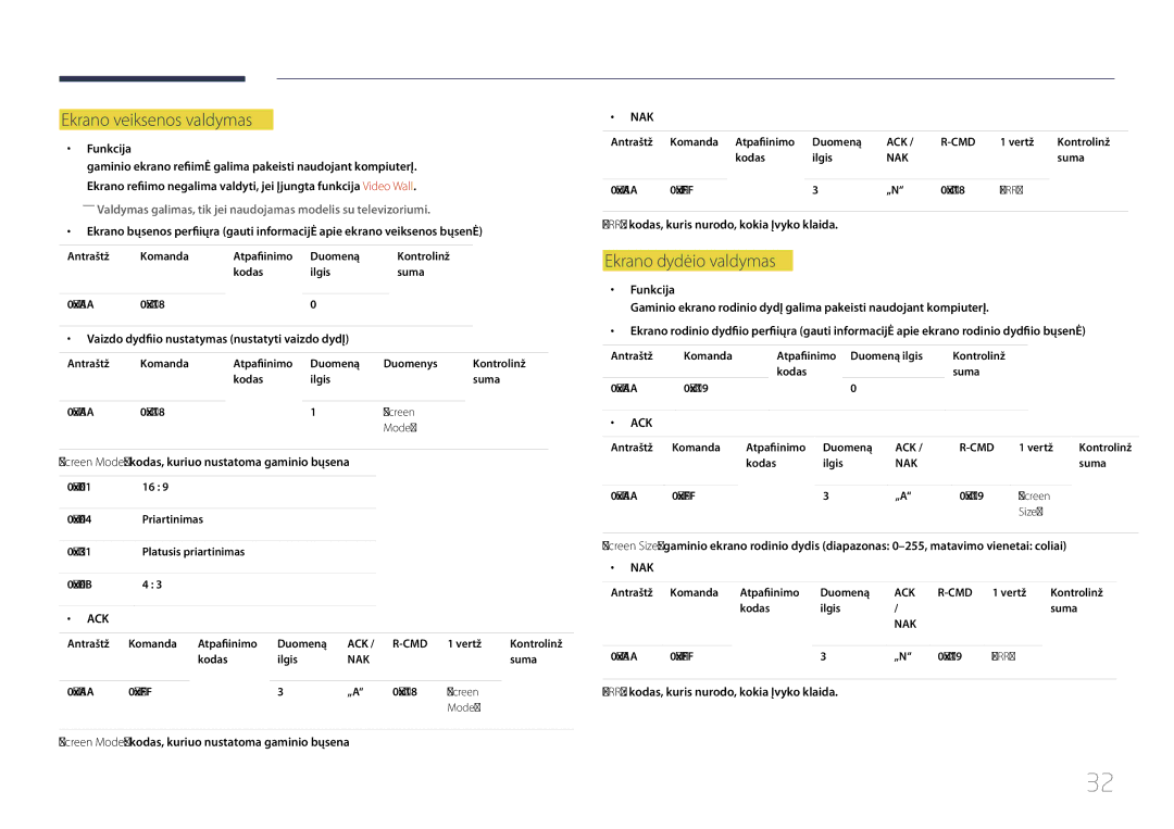 Samsung LH10DBDPLBC/EN manual Ekrano veiksenos valdymas, Ekrano dydžio valdymas, Funkcija 