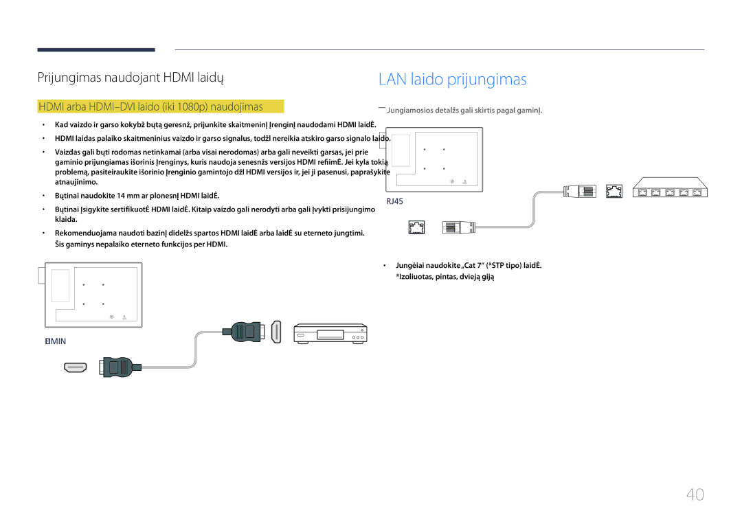 Samsung LH10DBDPLBC/EN manual LAN laido prijungimas, Hdmi arba HDMI-DVI laido iki 1080p naudojimas 