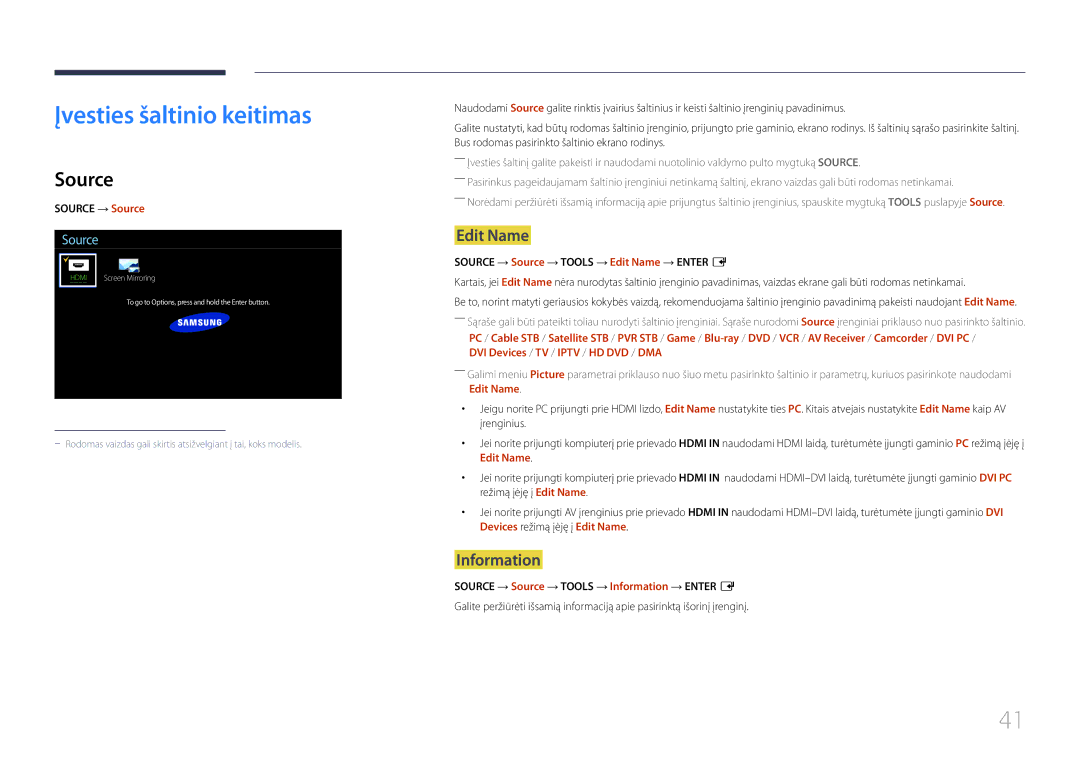 Samsung LH10DBDPLBC/EN manual Įvesties šaltinio keitimas, Source, Edit Name, Information 