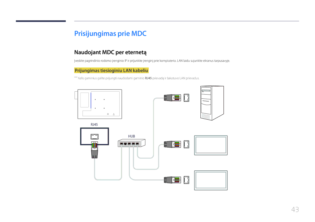 Samsung LH10DBDPLBC/EN manual Prisijungimas prie MDC, Naudojant MDC per eternetą, Prijungimas tiesioginiu LAN kabeliu 