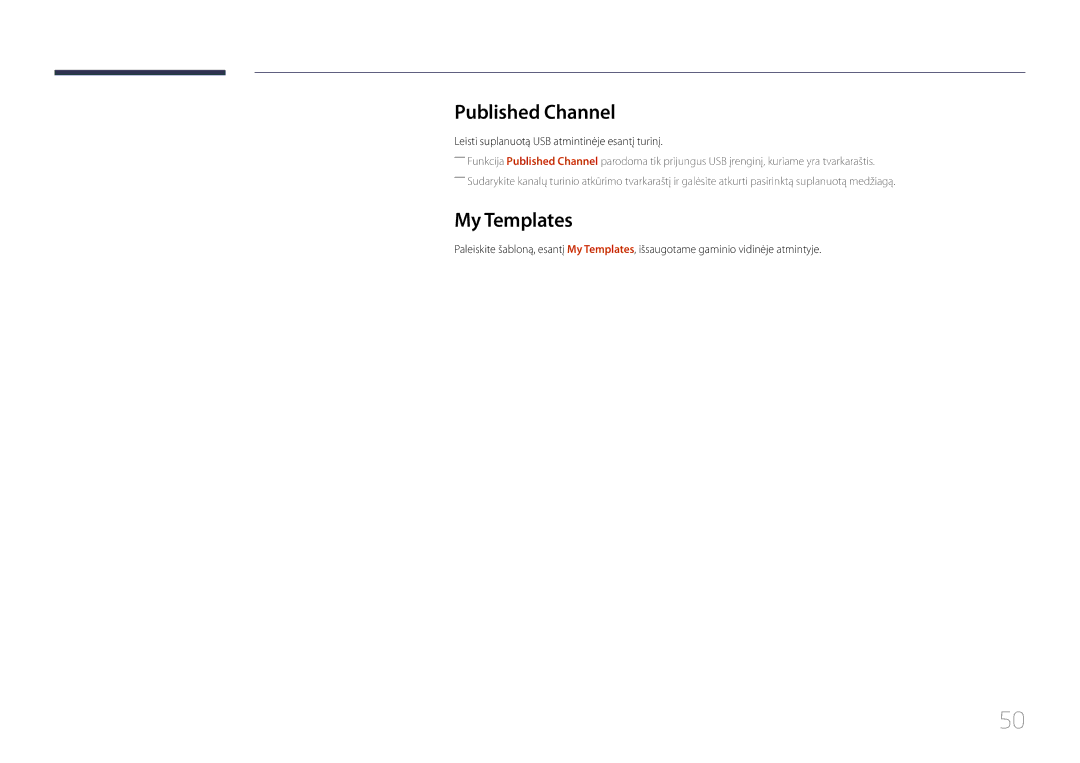Samsung LH10DBDPLBC/EN manual Published Channel, My Templates, Leisti suplanuotą USB atmintinėje esantį turinį 