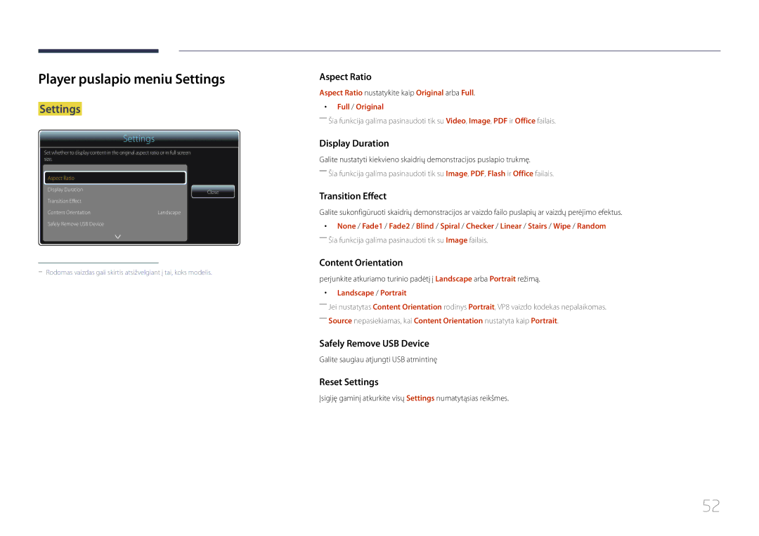 Samsung LH10DBDPLBC/EN manual Player puslapio meniu Settings, Landscape / Portrait, Galite saugiau atjungti USB atmintinę 