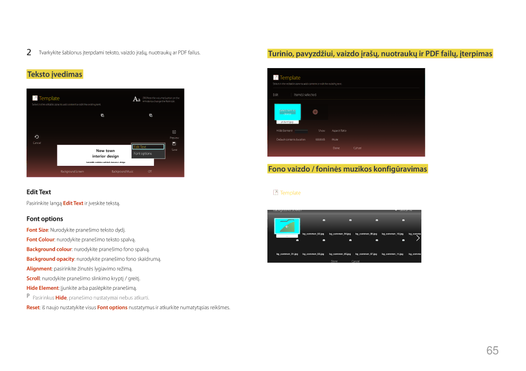 Samsung LH10DBDPLBC/EN manual Teksto įvedimas, Fono vaizdo / foninės muzikos konfigūravimas 