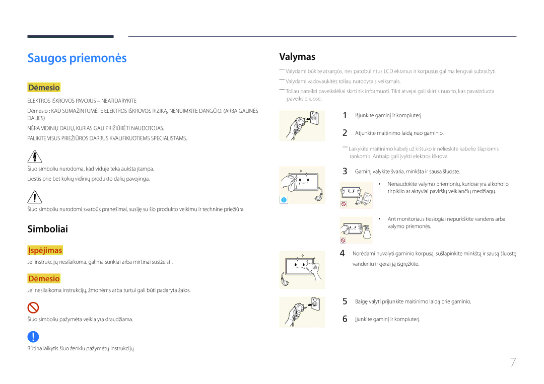 Samsung LH10DBDPLBC/EN manual Saugos priemonės, Valymas, Simboliai, Dėmesio 