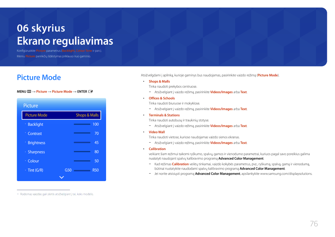 Samsung LH10DBDPLBC/EN manual Ekrano reguliavimas, Picture Mode 